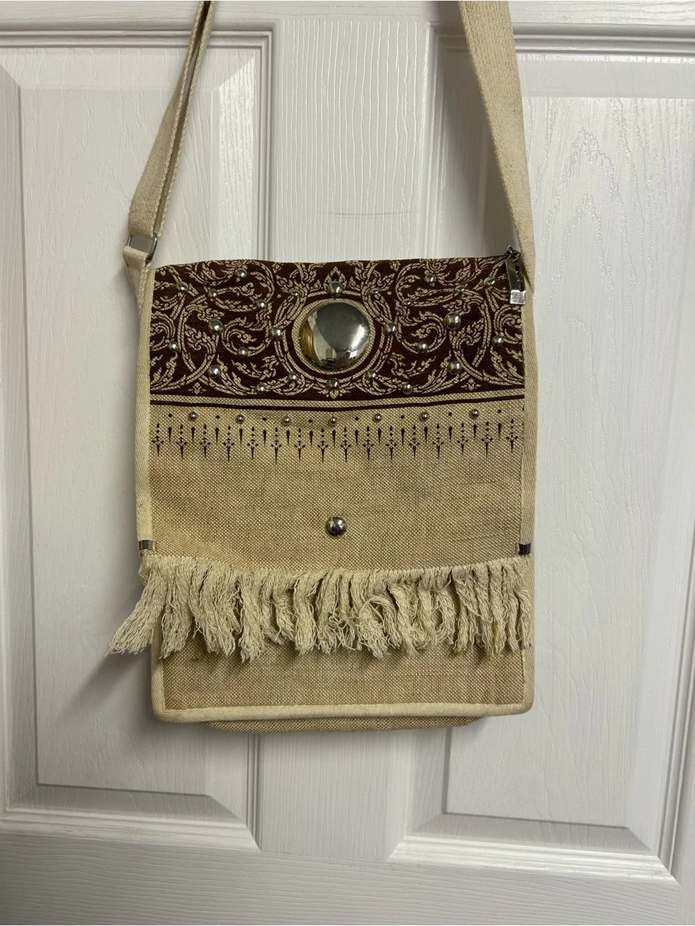 Canvas Fringe Hobo Shoulder Bag in Beige and Brown